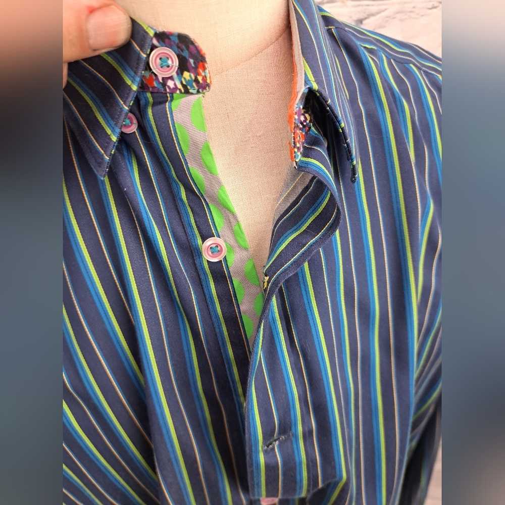 Robert Graham Mens Button Down Shirt Green Blue Striped Flip Cuff Classic Fit XL - Picture 3 of 16